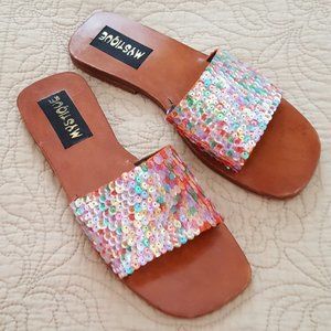 Mystique? Flat Leather Slides Colorful Sequins Sz 8